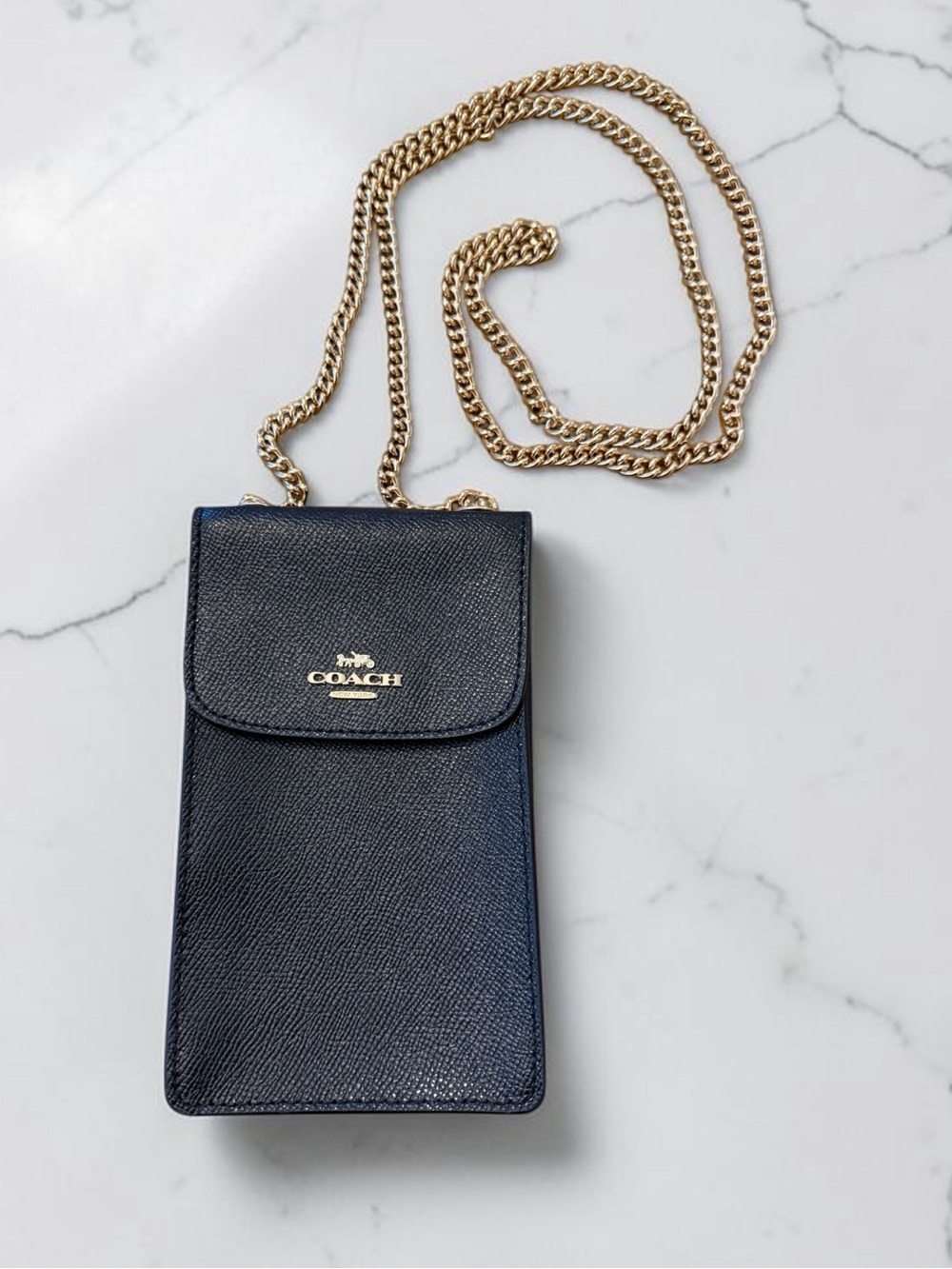 Coach Leather Phone Crossbody with Gold Chain Strap